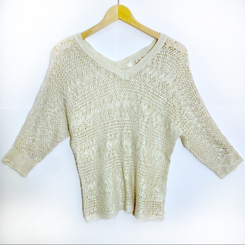 💥 Pink Rose Eggshell Crochet Knit V-Neck Sweater